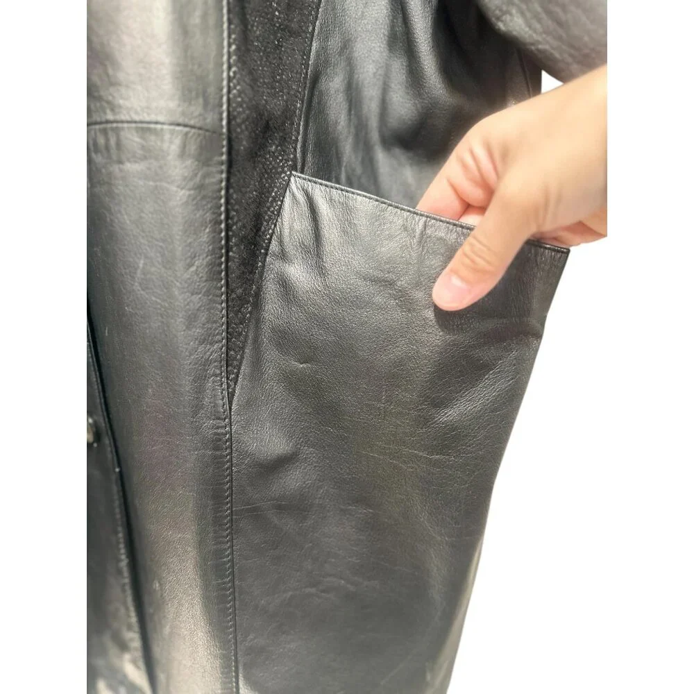 Jaqueline Ferrar Vintage Retro Leather Jacket Coat XL Black Button Down Western